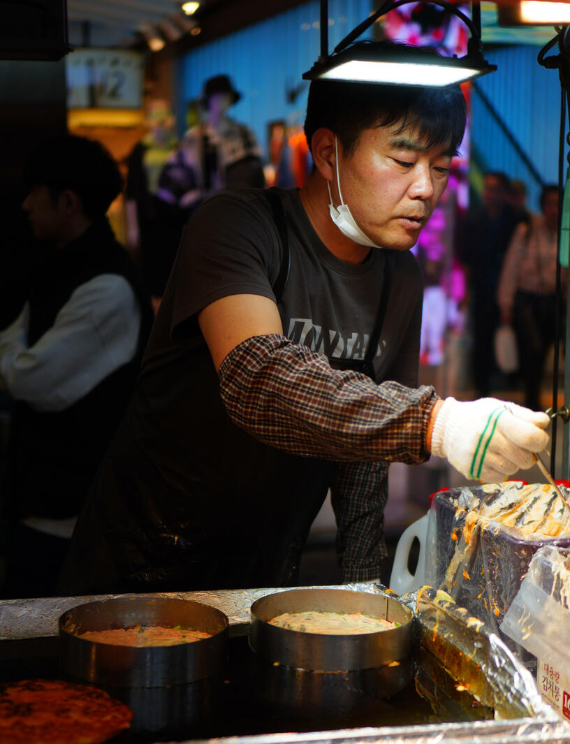 Street Market Vendor Making Kimchi Pancakes